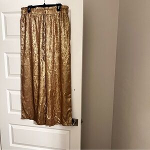 Metallic Gold Wide-Leg Pants | Shimmer Party Glam | Elastic Waist | L
